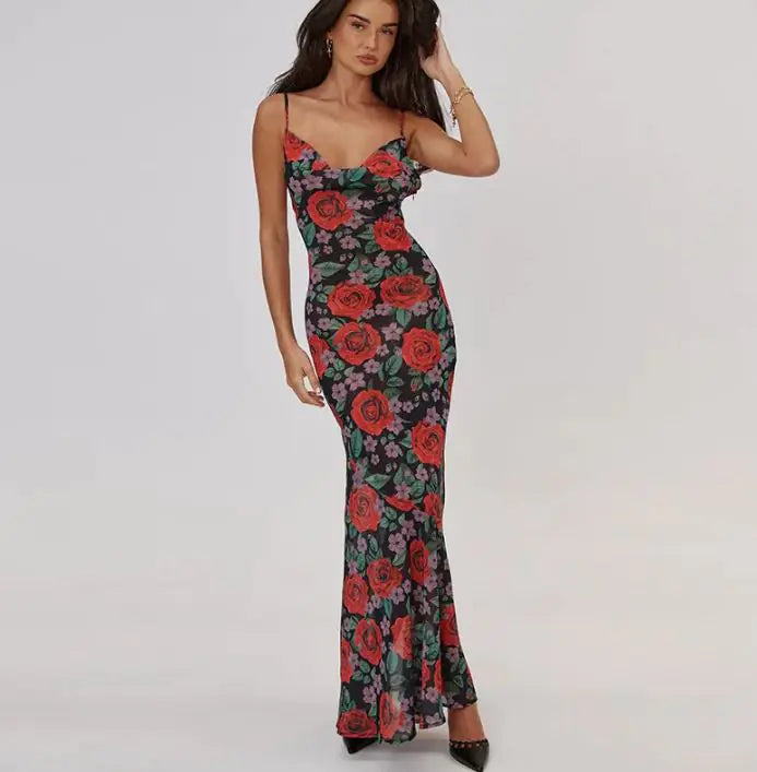 All-matching Slim Fit Long Printing Slip Dress Women