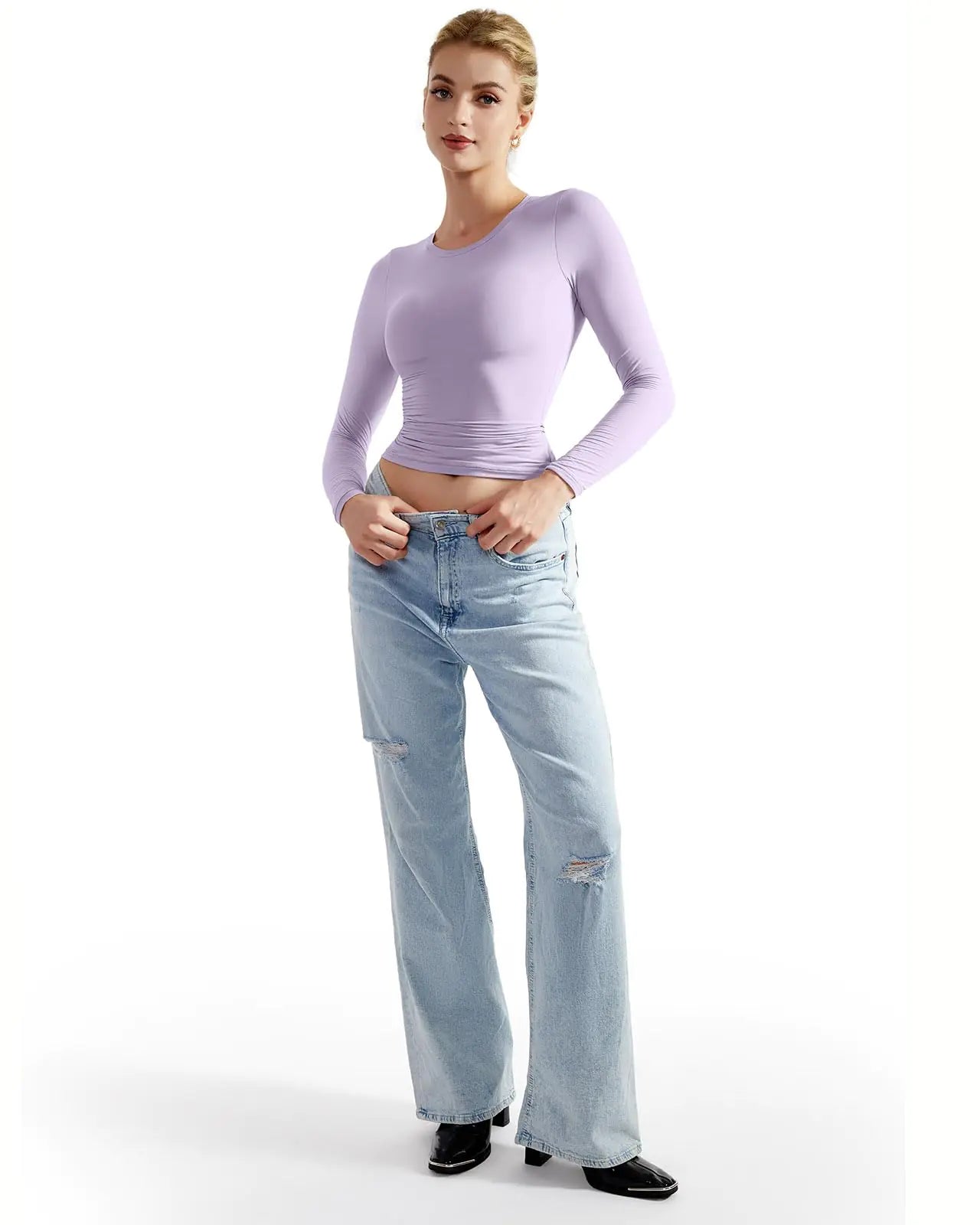 SUUKSESS Women Double Lined Fitted Basic T Shirts Crew Neck Long Sleeve Crop Top X-Small Lilac