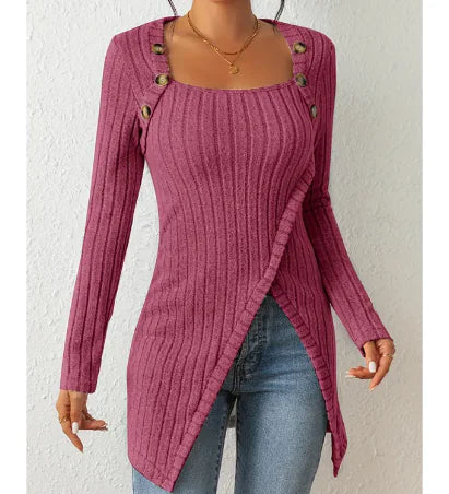 Square-neck Off-shoulder Slit Sweater