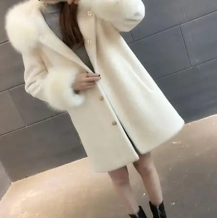 Hooded Fox Wool Shearling Fur Coat