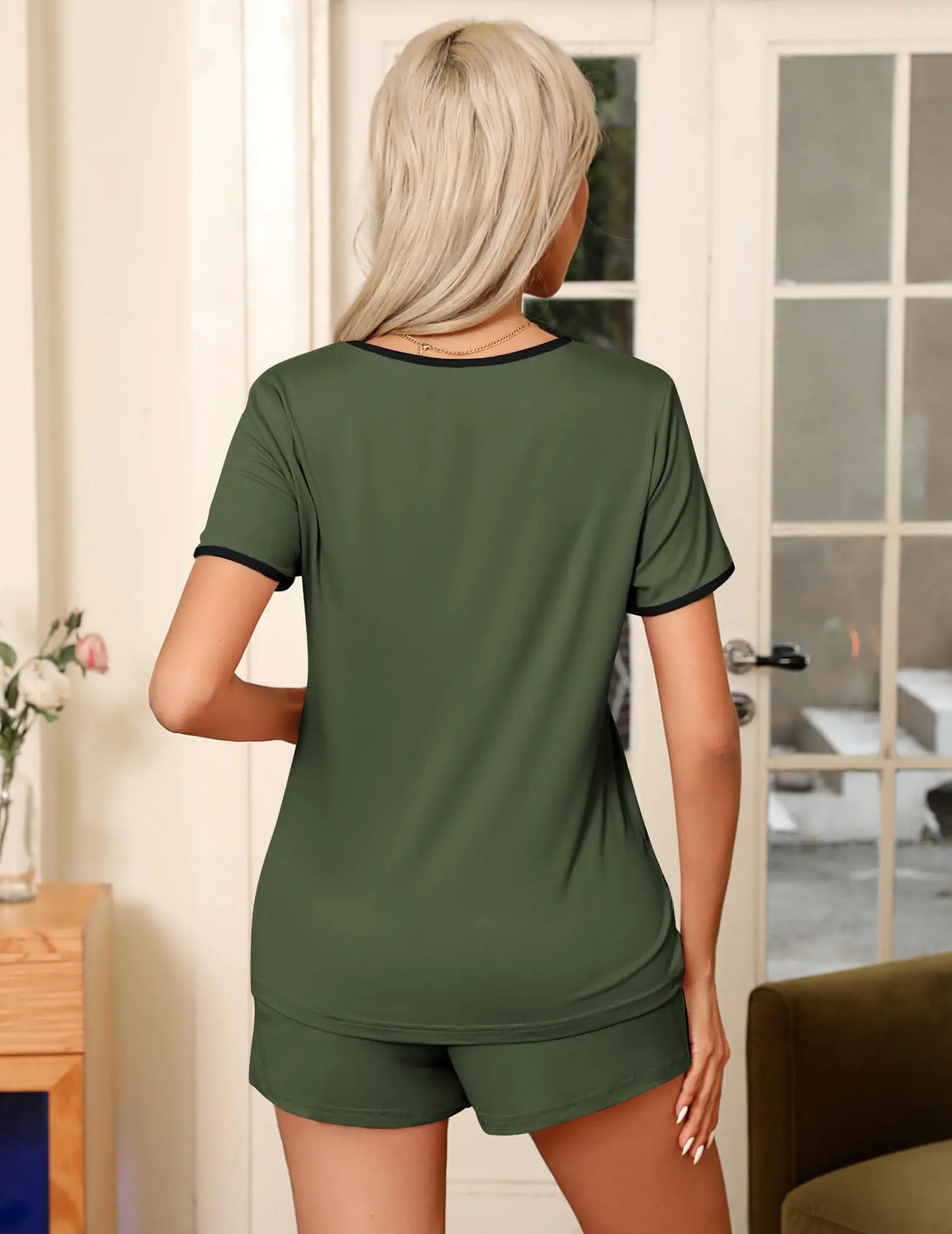 Ekouaer Pajama Set for Women 2 Piece Lounge Set Short Sleeve Tops and Shorts Soft Sleepwear, Chest Pocket X-Large Army Green