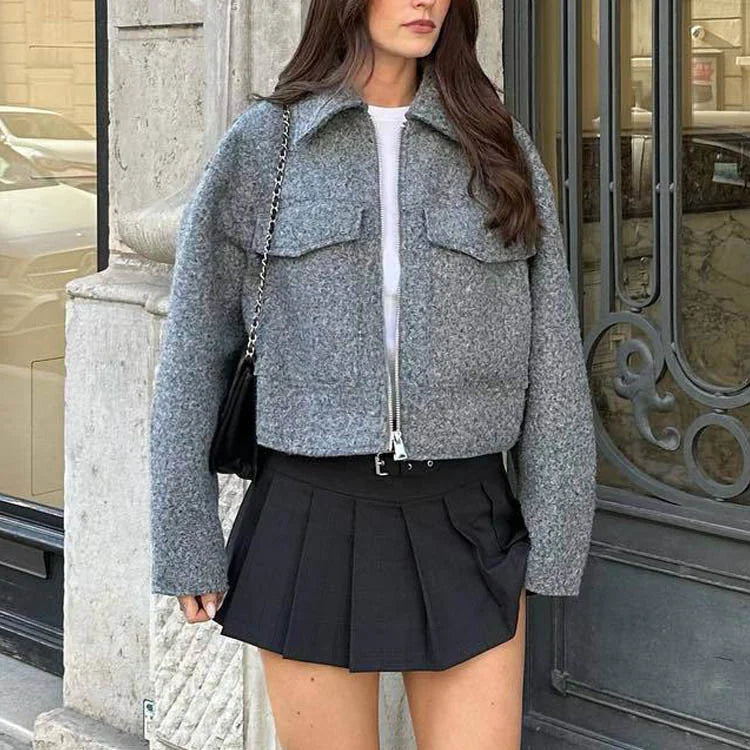 Women's Cropped Zip Up Tweed Short Coat