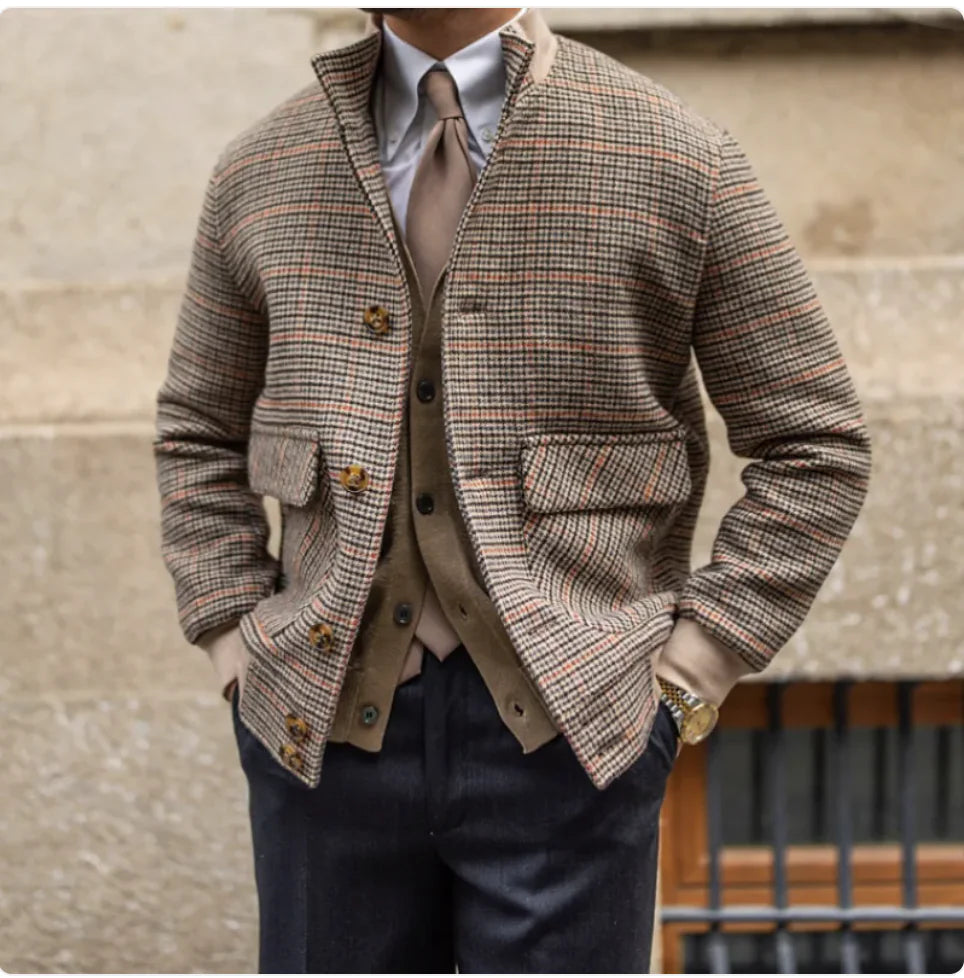 Cropped Slim-Fit Tweed Bomber Jacket with Fleece and Stand Collar