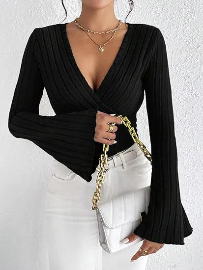 Ribbed V-Neck Slim-Fit Long Sleeve Top