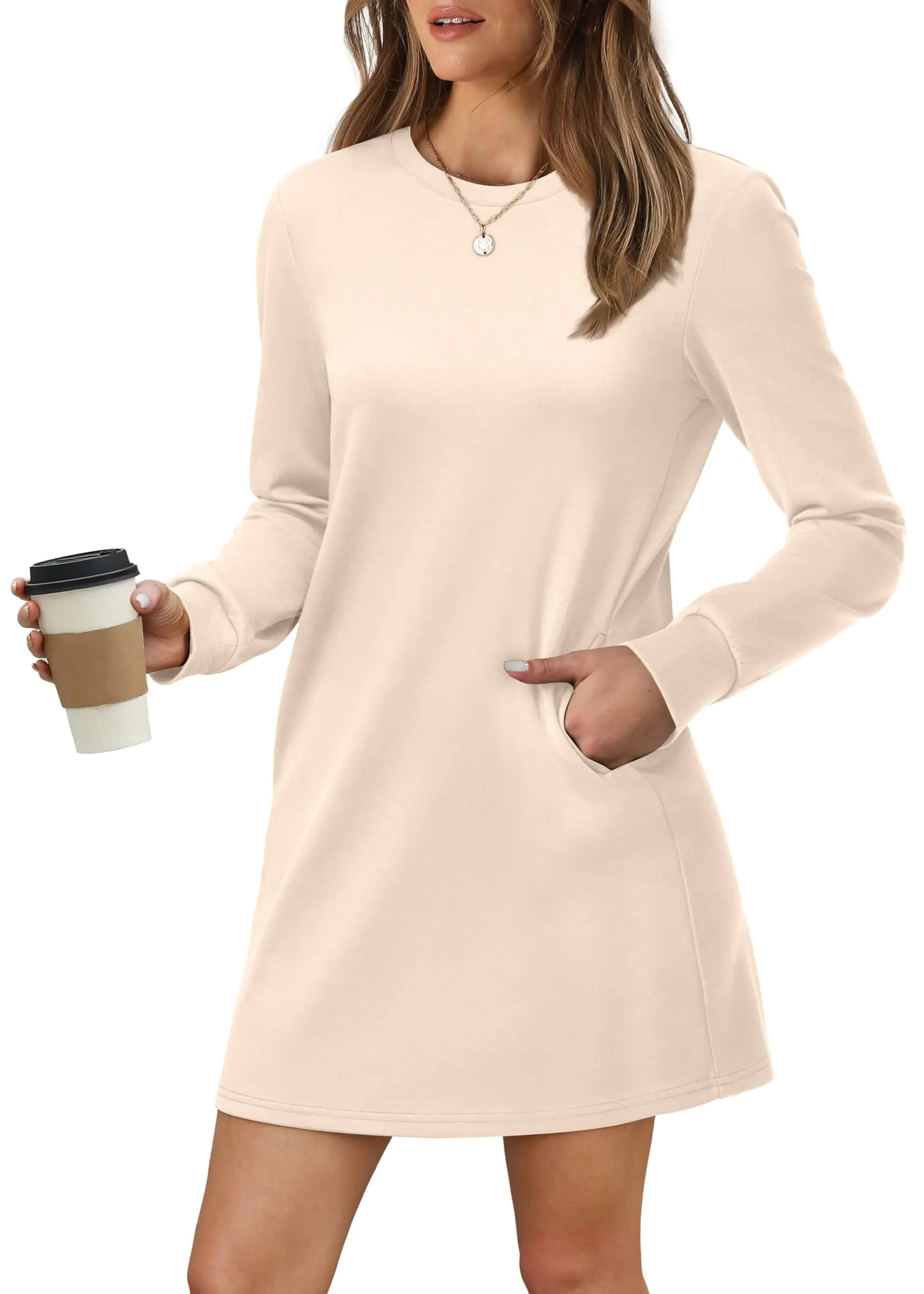 WIHOLL Dresses for Women Long Sleeve Casual Loose Fit Fall Fashion Crewneck Mini Dress with Pockets A - Apricot Small