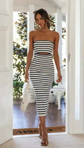 Off-Shoulder Striped Knit Sheath Dress