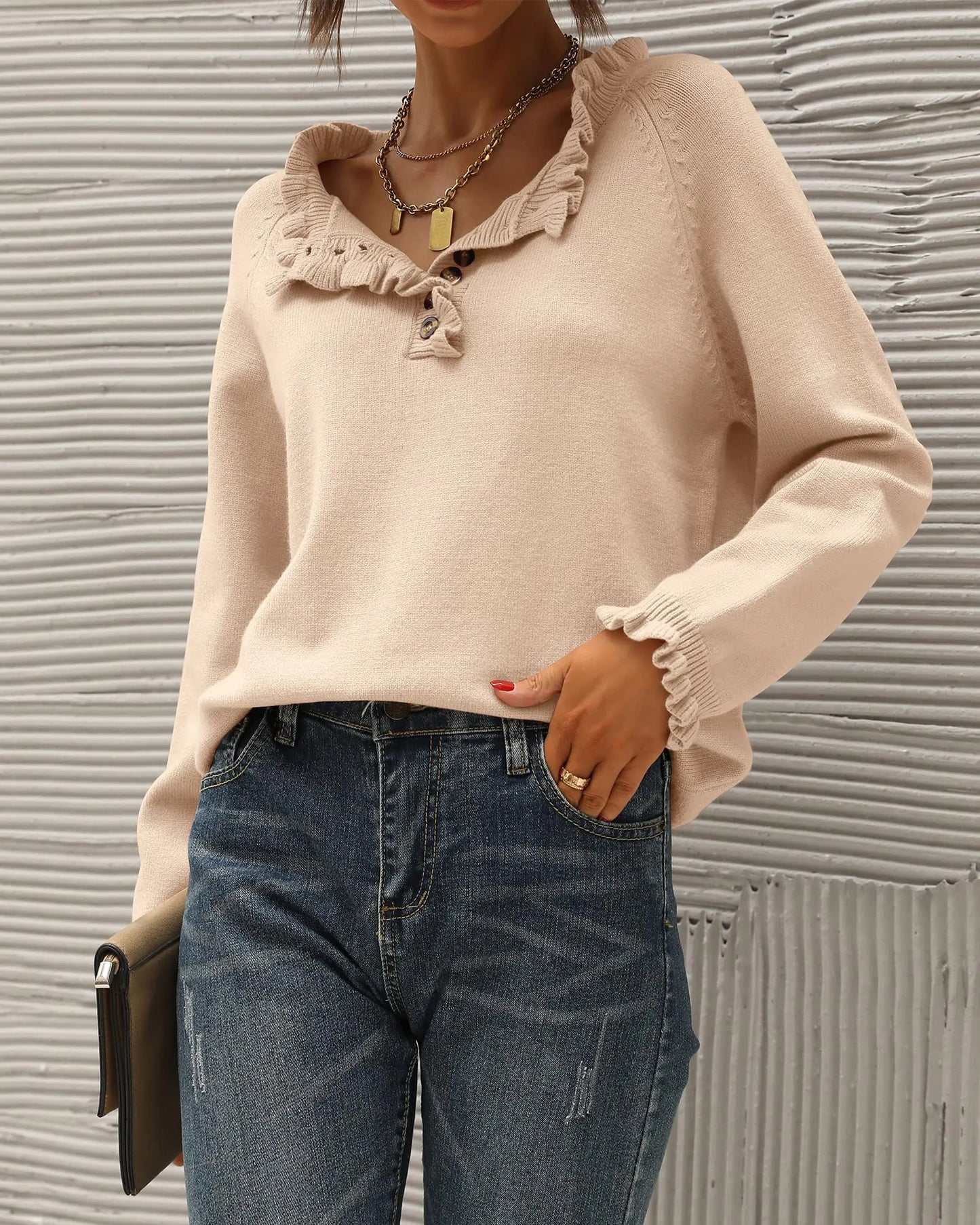 BTFBM 2024 Womens Sweaters Fall Winter Outfits Long Sleeve Button Down Ruffle Crew Neck Casual Knitted Pullover Tops Solid Beige Small