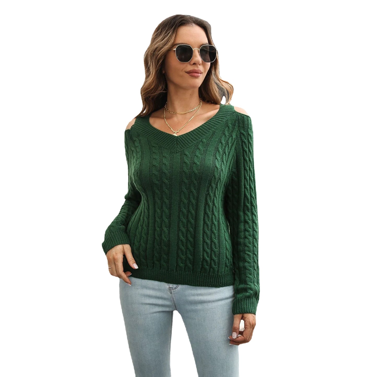 Off-Shoulder V-Neck Loose Sweater