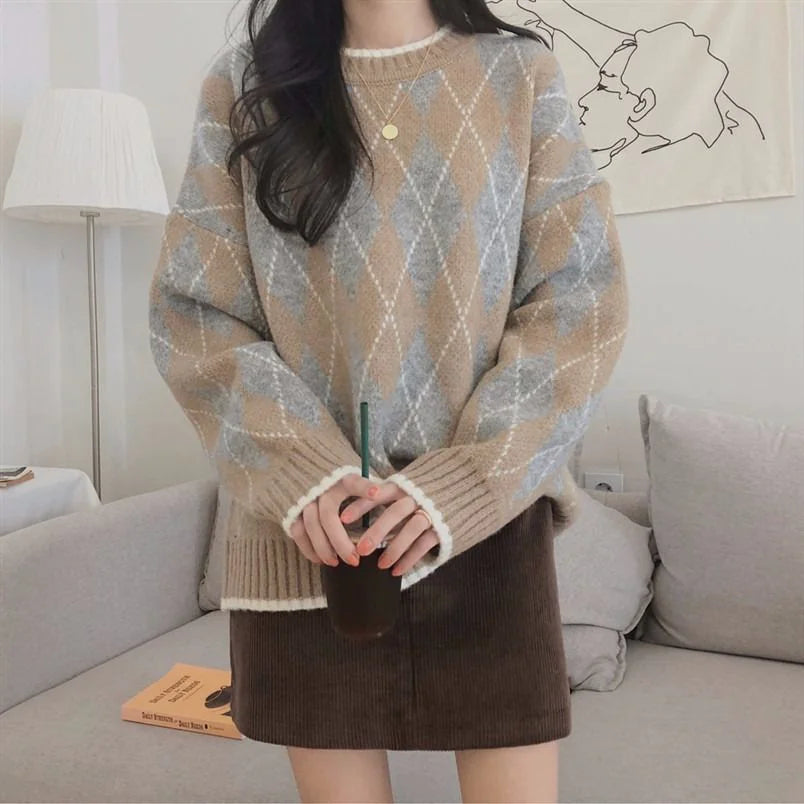 Rhombic Knit Pullover - Loose Winter Sweater