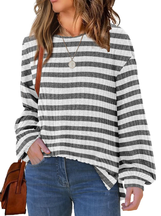 WIHOLL Long Sleeve Shirts for Women Loose Fit Casual Crewneck Tunic Tops Fall Fashion Pullover Sweaters Side Split Striped-grey Medium