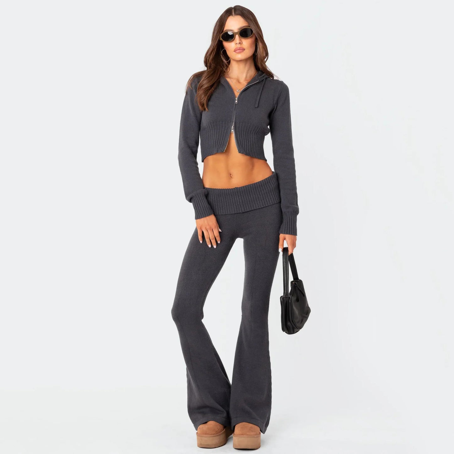 Women's High-Waist Knit Hooded Set: Fashionable Long-Sleeve Top & Trousers