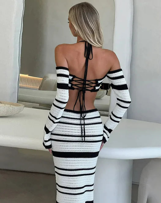 Women's Striped Off-shoulder Halter Lace-up Long Sleeve