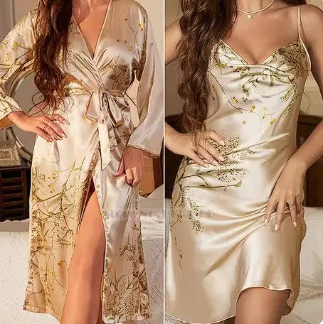 Cherry Print Satin Nightgown & Robe Set