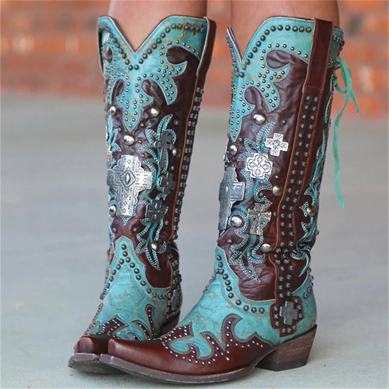 Chic Embroidered Lace-Up Mid-Calf Boots with Bold Thick Heels for Women