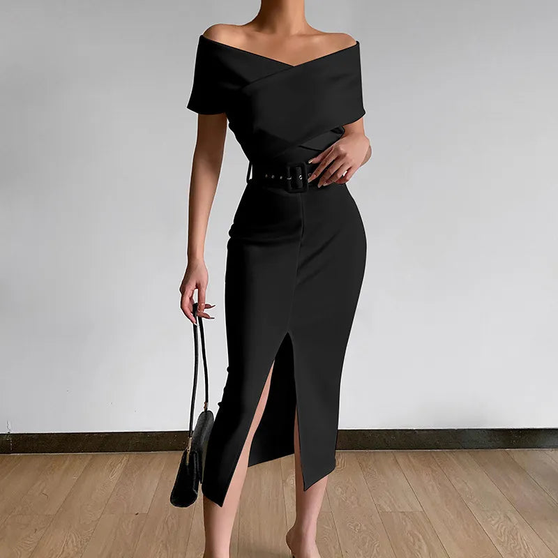 Off-the-Shoulder Belt Slit Skirt