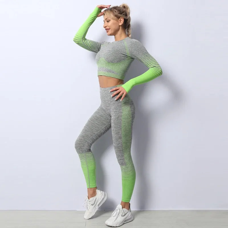 Nahtloses Ombre-Langarm-Yoga-Set: Fitnessanzug mit hoher Taille für Damen