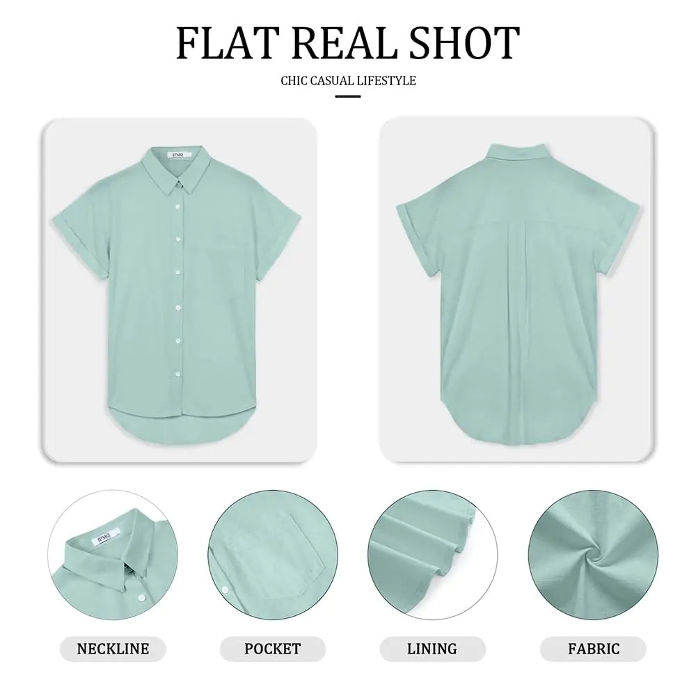 Womens Short Sleeve Casual Button Down Shirts Summer Soft Fashion Cotton Blouses Tops with Pocket Small Teal