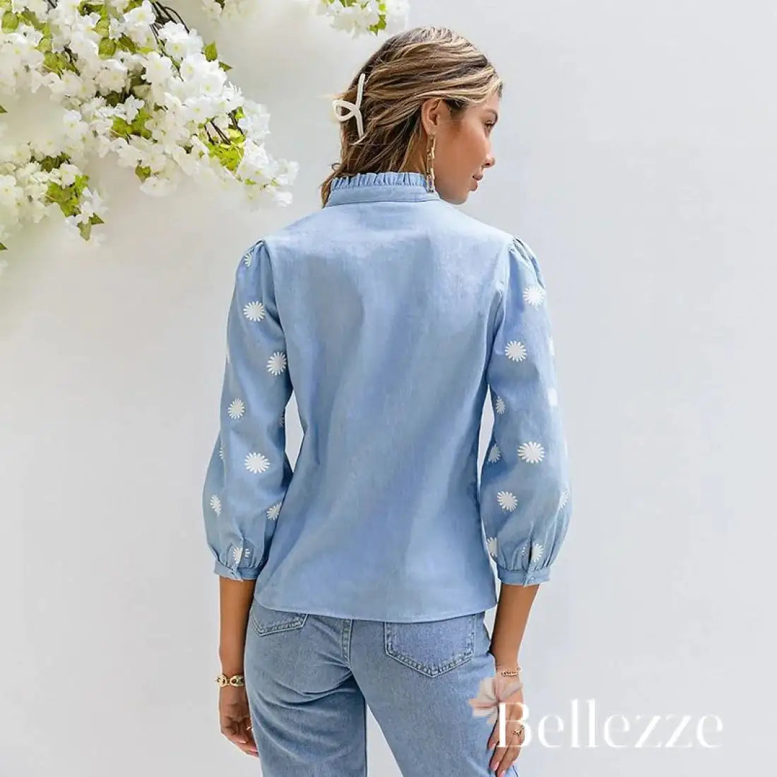 Spring and Autumn 2022 New Denim Blue Lace Shirt