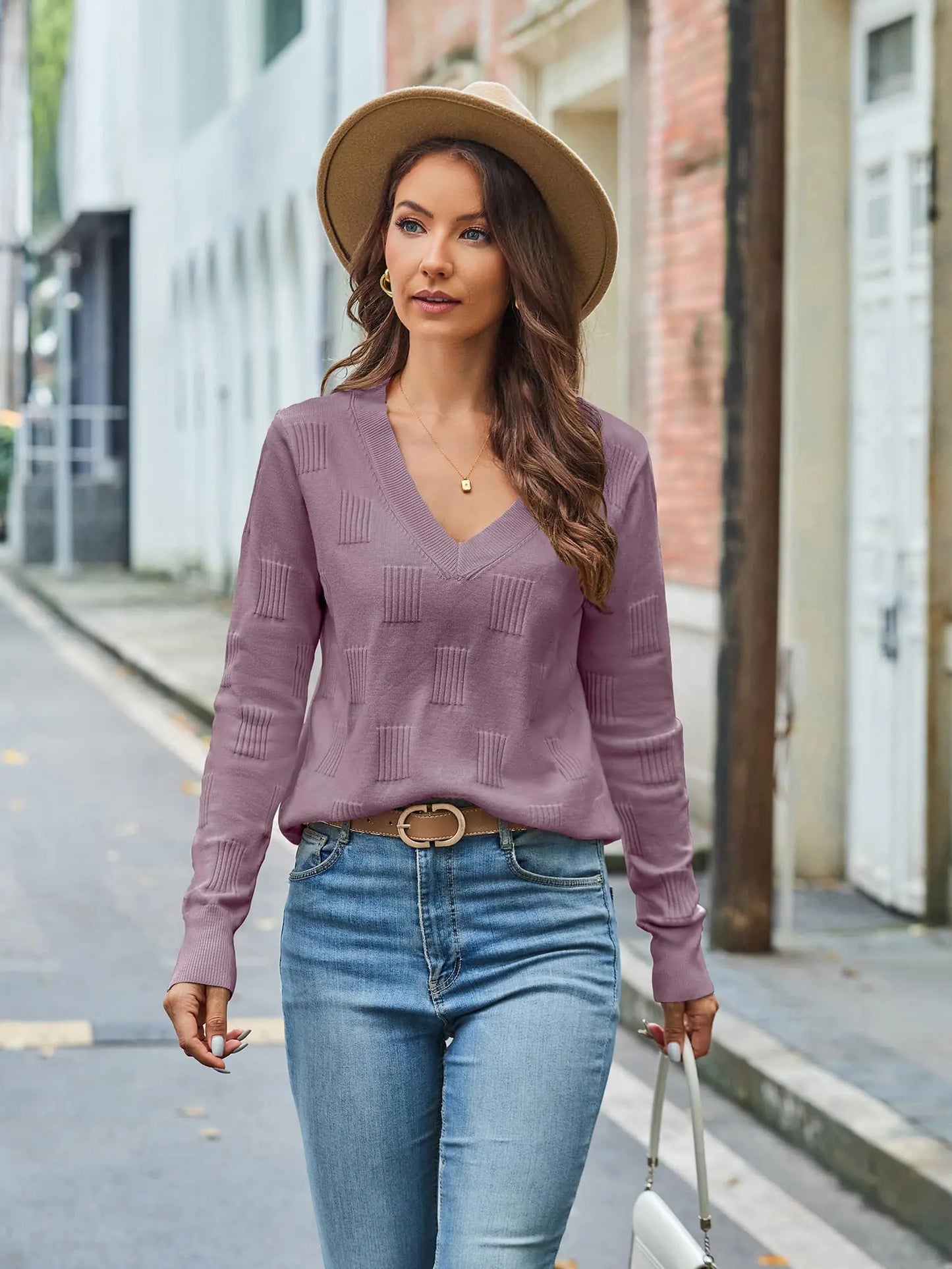 Sweaters for Women Trendy Fall Fashion 2024 Womens Long Sleeve Tops Shirts Blouses V Neck Casual Women's Pullover Sweater Grey Purple Large