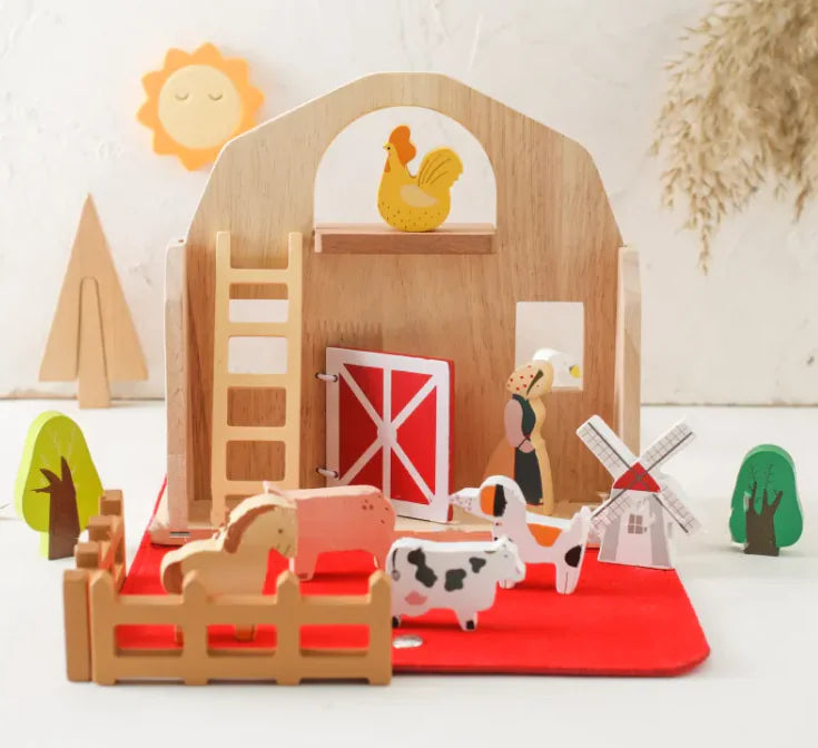 Barn-Themed Wooden Building Blocks Set