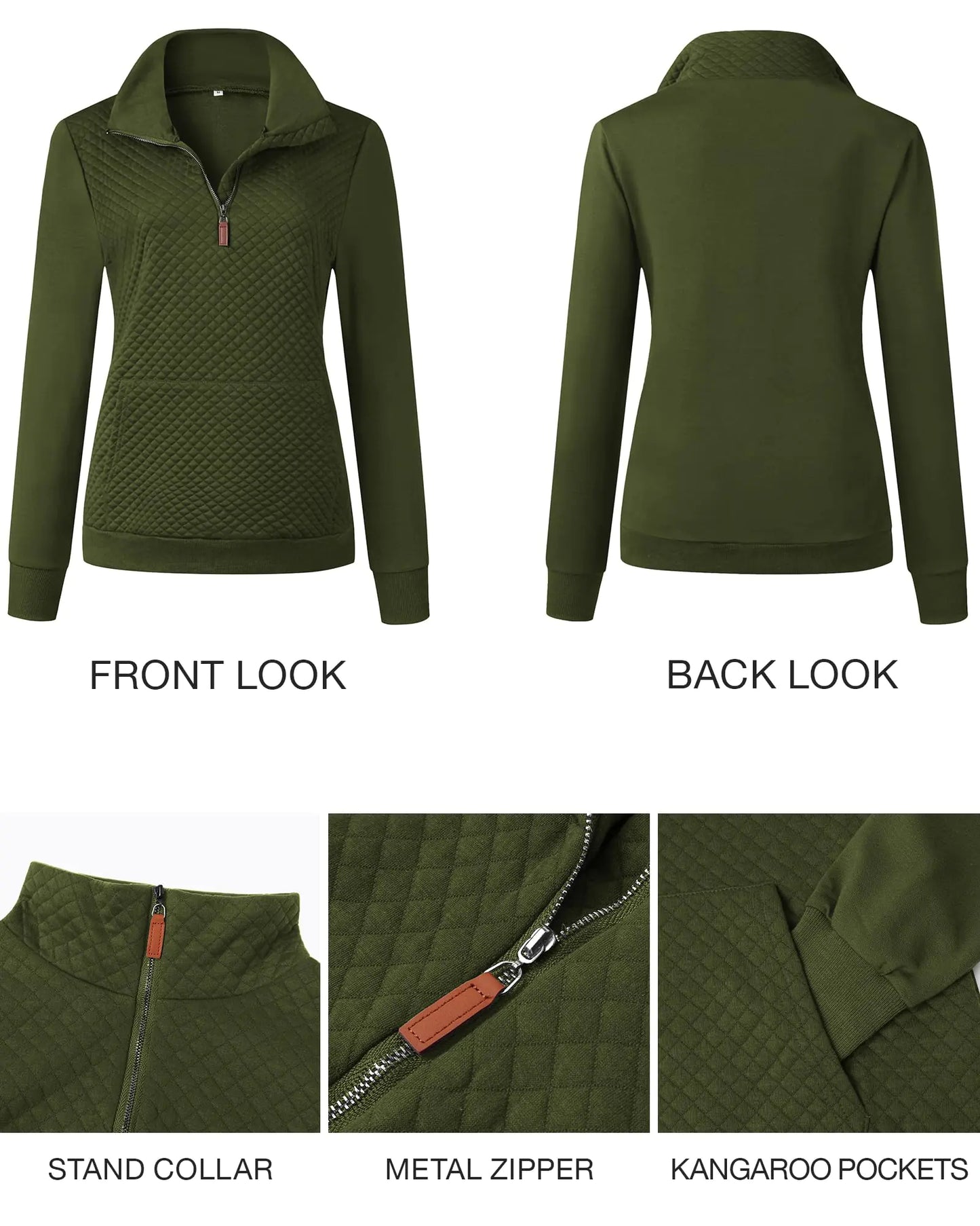 BTFBM Women Fashion Quilted Pattern Lightweight Zipper Long Sleeve Plain Casual Ladies Sweatshirts Pullovers Shirts Tops Small Army Green