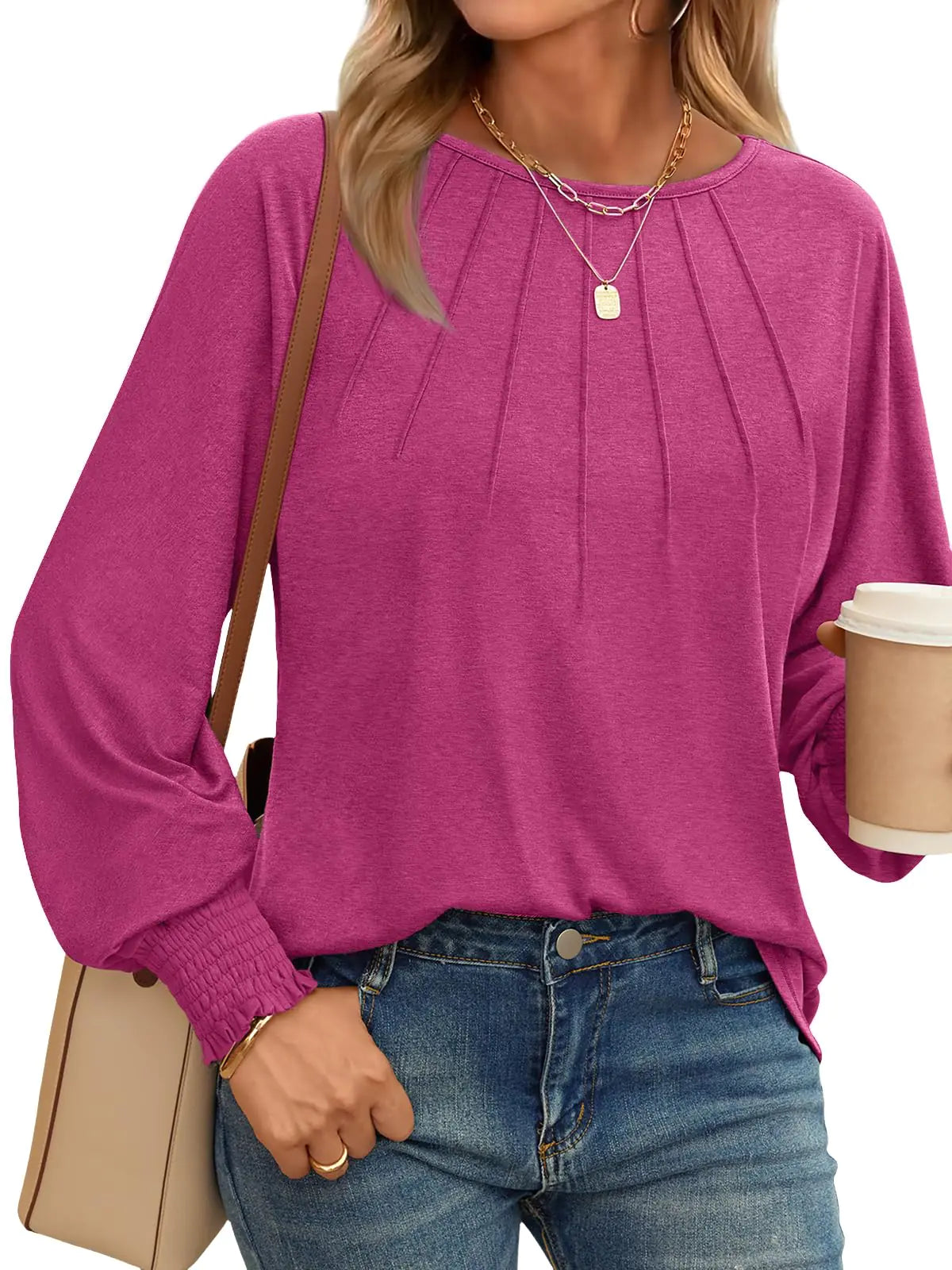 AUTOMET Womens Fall Fashion Long Sleeve Shirts Fall Tops Pleated Shirts Casual Loose Dressy Basic Trendy Clothes 2024 Hot Pink Large