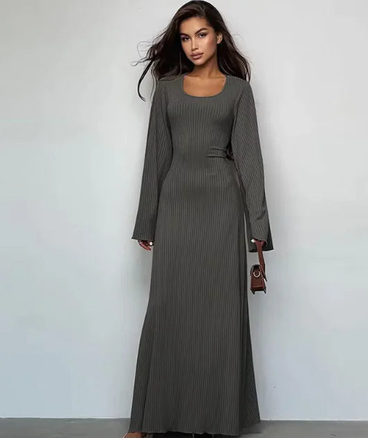 Fashion U-neck Dress Back Lace-up Long Bell Sleeve Dresses Women