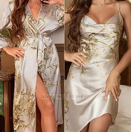 Cherry Print Satin Nightgown & Robe Set