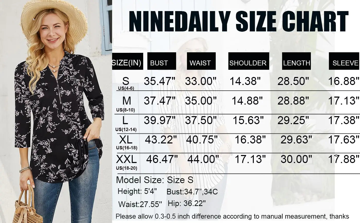 Ninedaily Women's 3/4 Sleeve Plaid Shirts Zip Floral Casual Tunic Blouse Tops Large Black White Floral