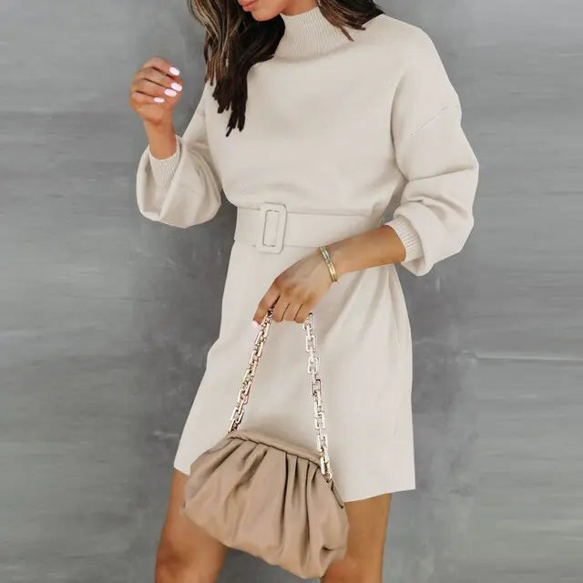 Elegant Turtleneck Sweater Dress with Belt