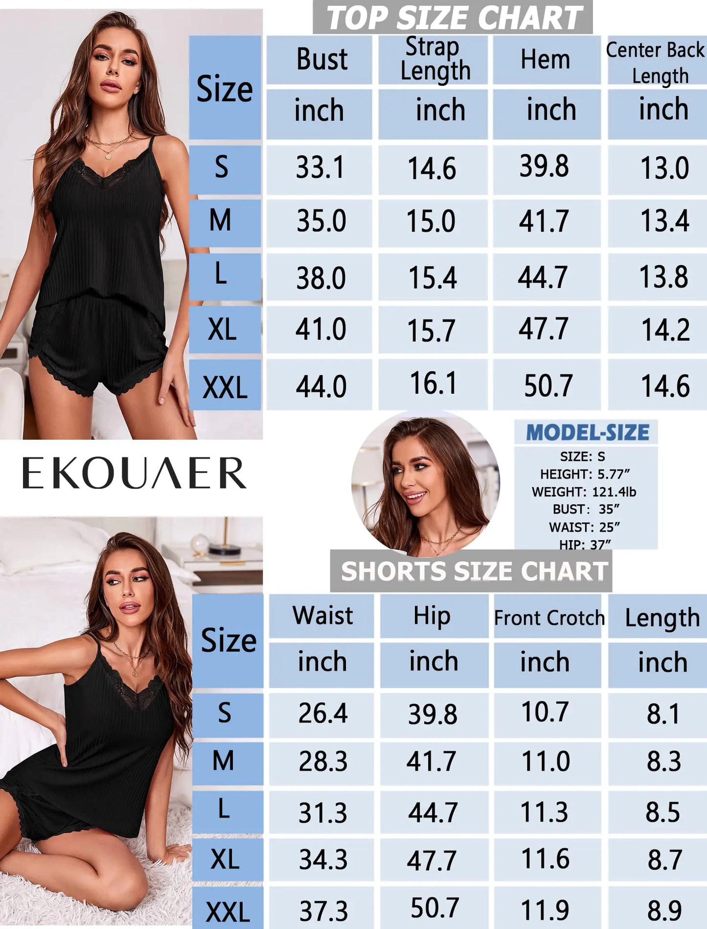 Ekouaer Damen-Pyjama-Set, weiche Dessous, Nachtwäsche, 2-teilig, Camisole-Shorts-Set, V-Ausschnitt, Pyjama, Spitze, Nachtwäsche, XX-Large, Schwarz