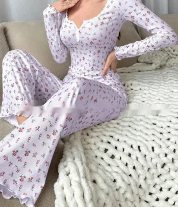 Floral Print Lettuce Edge Lace Collar Button Pajamas