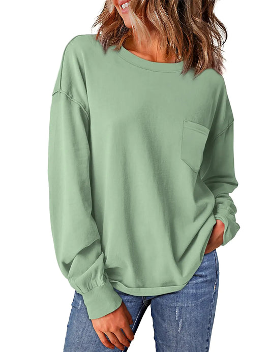 WIHOLL Womens Long Sleeve Shirts Fall Tops Casual Crewneck Loose with Pocket Trendy Clothes Balmy Green Small