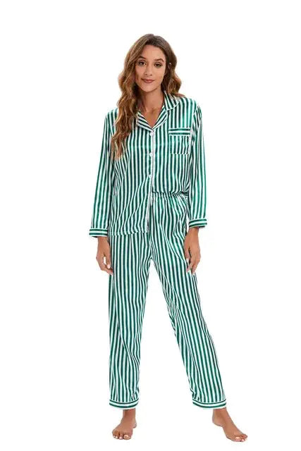 Two Piece Set Pajamas for Women Striped Satin Silk Sleepwear