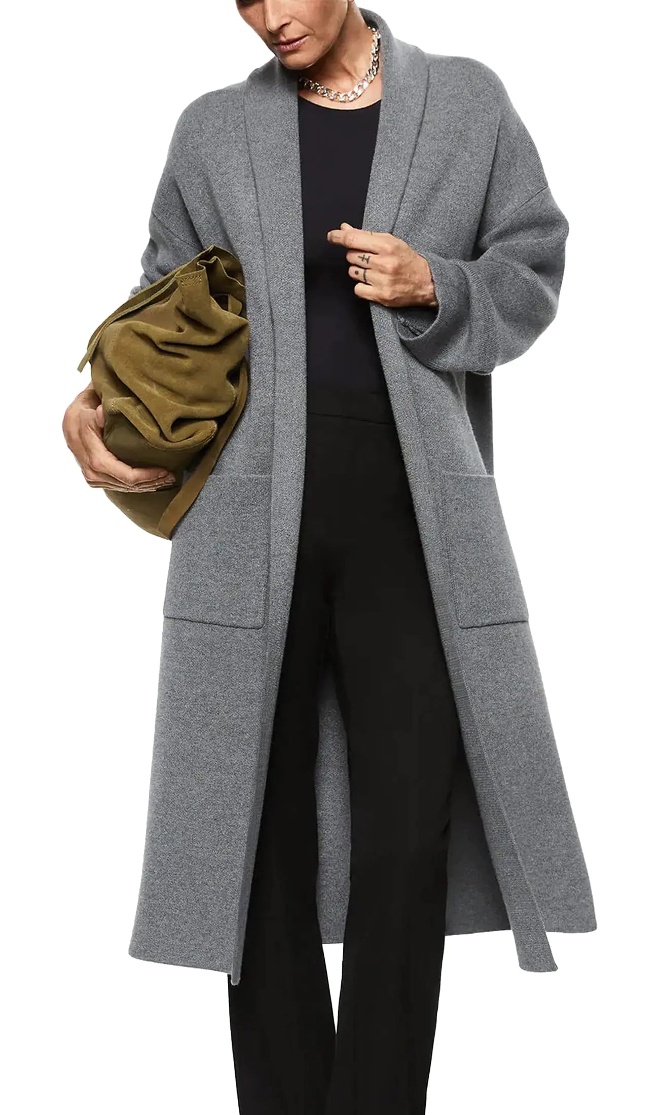 Womens Long Sleeve Maxi Cardigan Open Front Oversized Knitted Sweater Coat Casual Lapel Warm Overcoat with Pockets Small Stone Grey