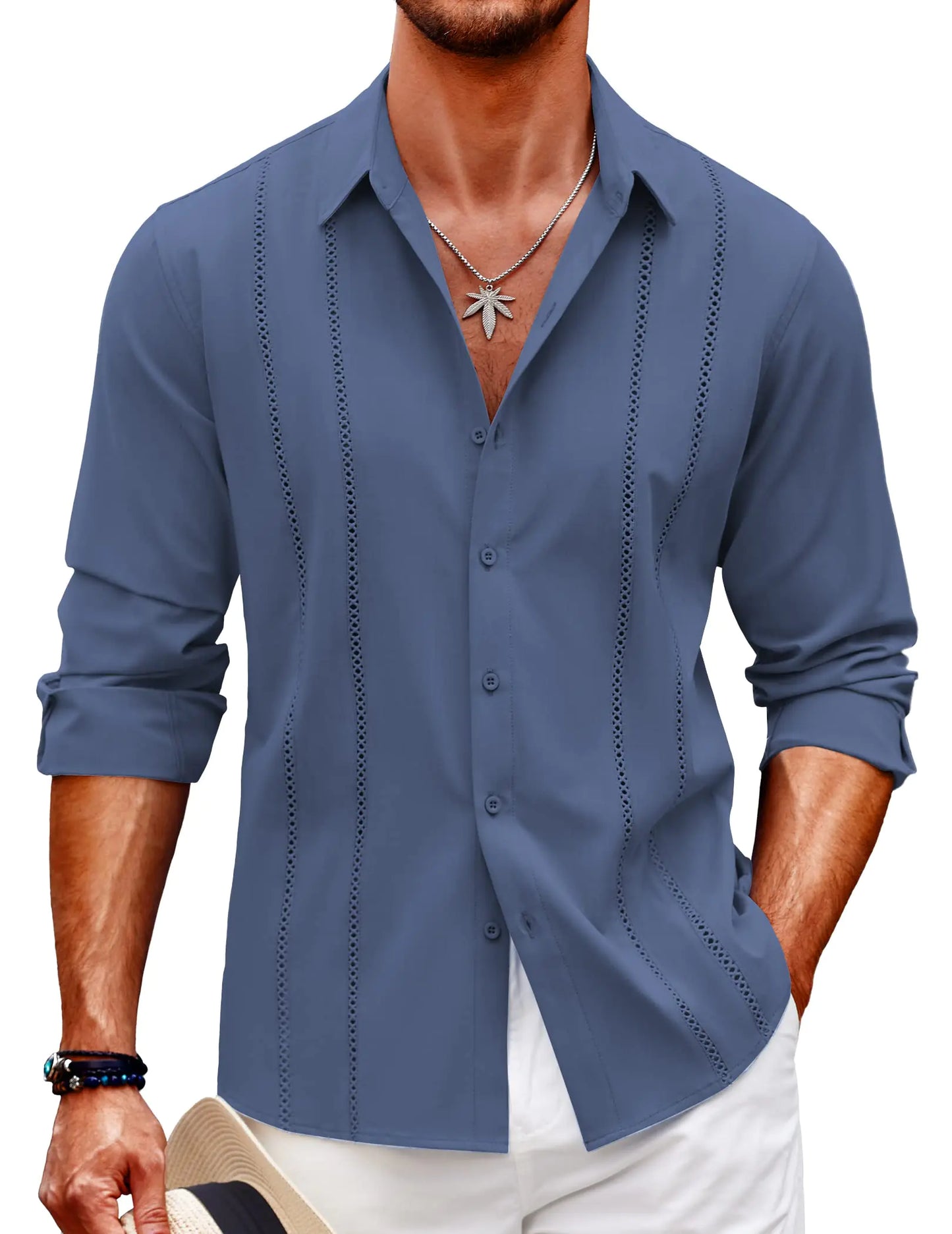 COOFANDY Mens Cuban Guayabera Shirt Casual Button Down Shirts Long Sleeve Summer Beach Shirts 4X-Large Dark Blue