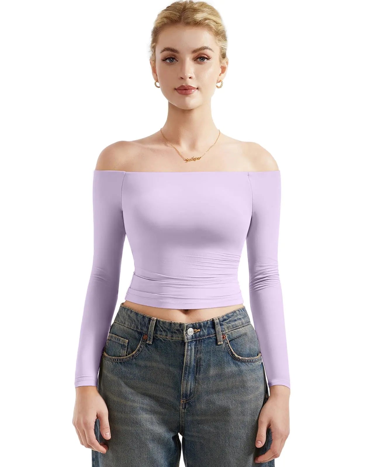 SUUKSESS Women Off Shoulder Double Lined Long Sleeve Shirts Basic Going Out Tops X-Small Lilac