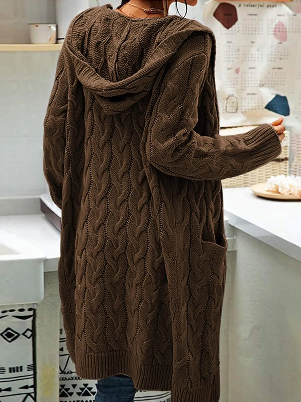 Women Hooded Open Front Cardigan Cable Knit Sweaters Solid Color Chunky Long Sweater Coats Large Dark Brown