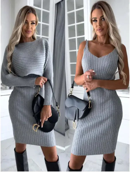 2pcs Suit Women's Solid Stripe Long-sleeved Top And Tight Suspender Skirt