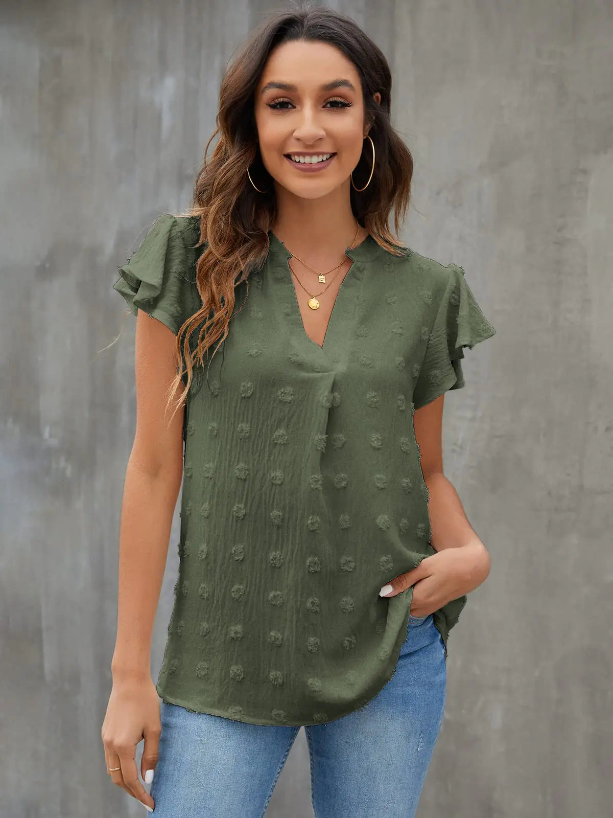 Blooming Jelly Womens White Blouse V Neck Ruffle Sleeve Flowy Shirts Dressy Casual Cute Summer Tops Medium Army Green