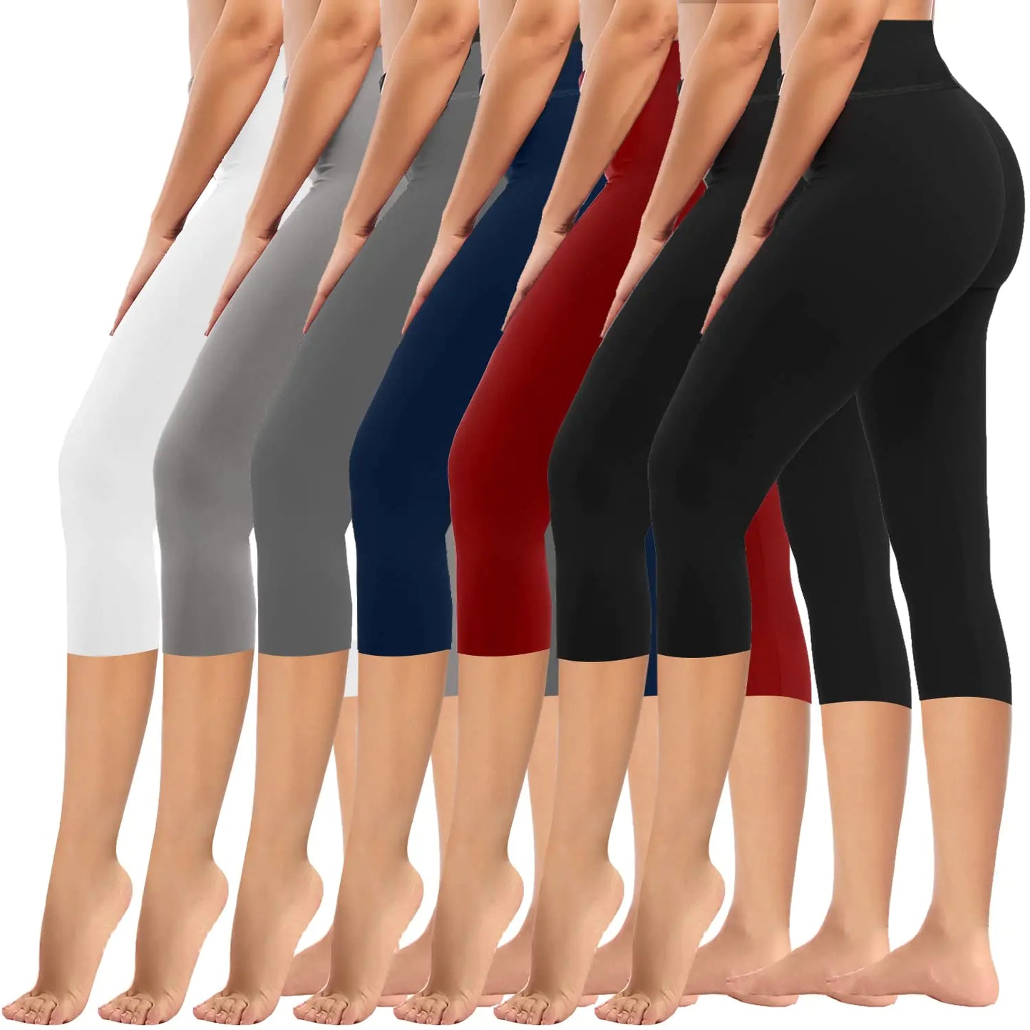 yeuG 7er-Pack Leggings mit hoher Taille für Damen, Bauchkontrolle, weiche Workout-Yogahosen, L-XL, 92#2, Schwarz, Weinrot, Marineblau, Grau, Hellgrau, Weiß (Capri)