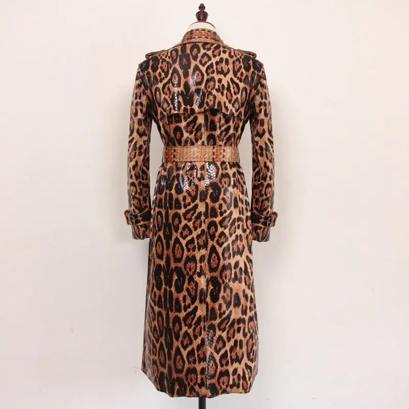 Leopard Printed Leather Trench Coat