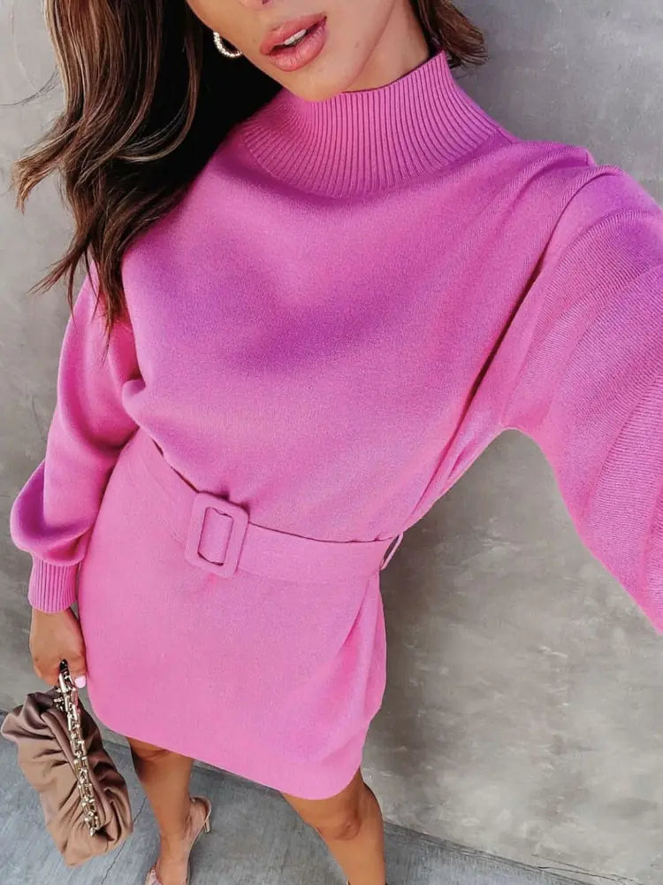 Elegant Turtleneck Sweater Dress with Belt