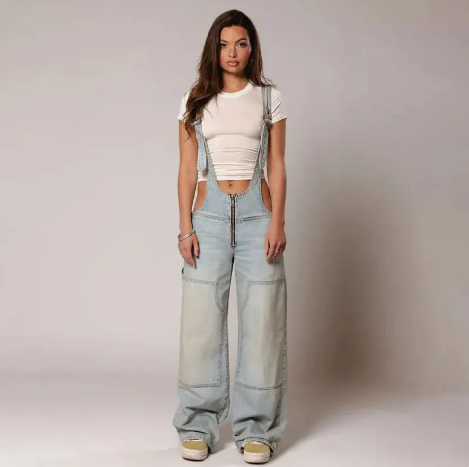 Y2K Zipper Denim Overalls