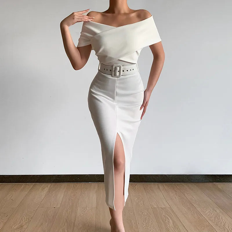 Off-the-Shoulder Belt Slit Skirt