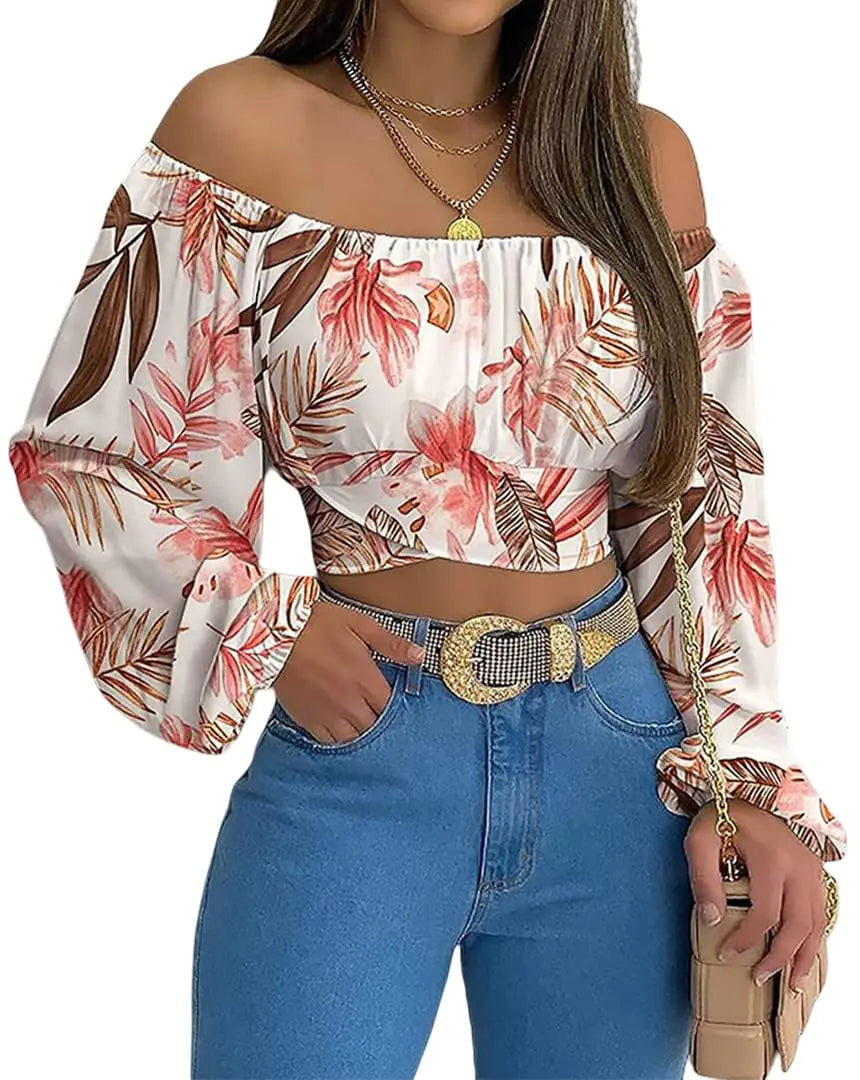 MIRACMODA Woman Off Shoulder Ruched Tie Back Crop Top Summer Lantern Sleeve Boho Shirt Blouse Large Leaves