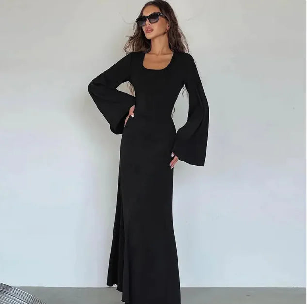 Fashion U-neck Dress Back Lace-up Long Bell Sleeve Dresses Women