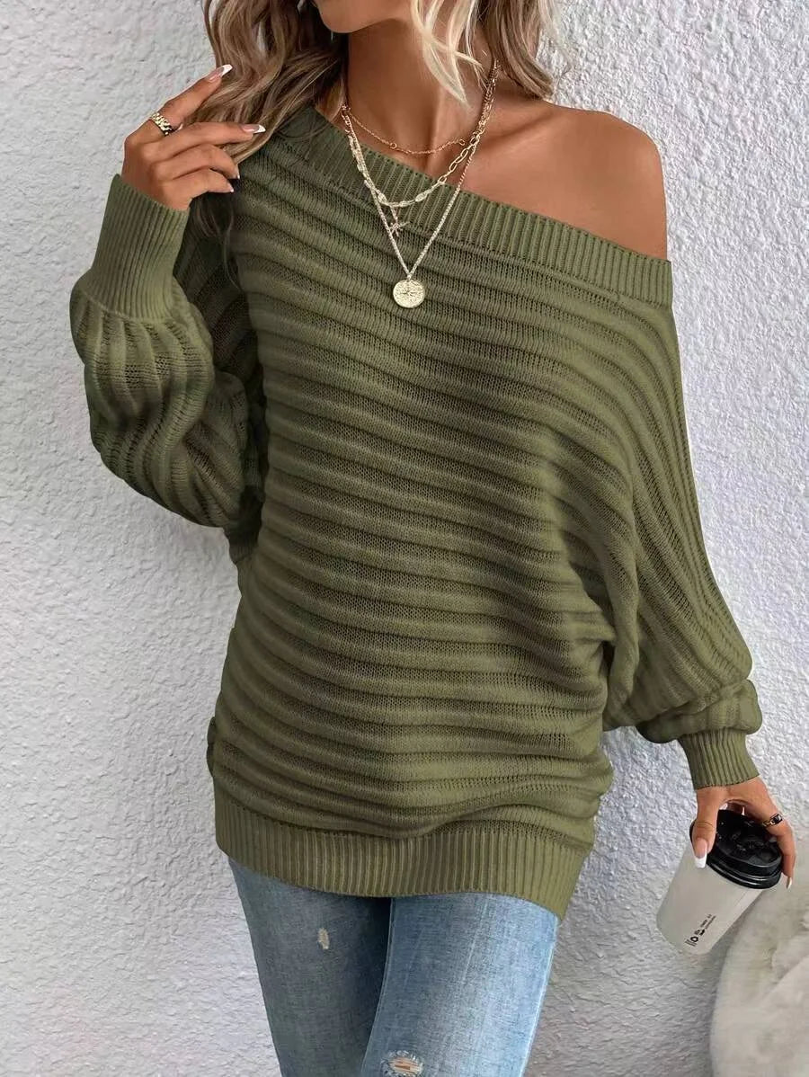 Boat Neck Batwing Sleeve Textured Knit Sweater