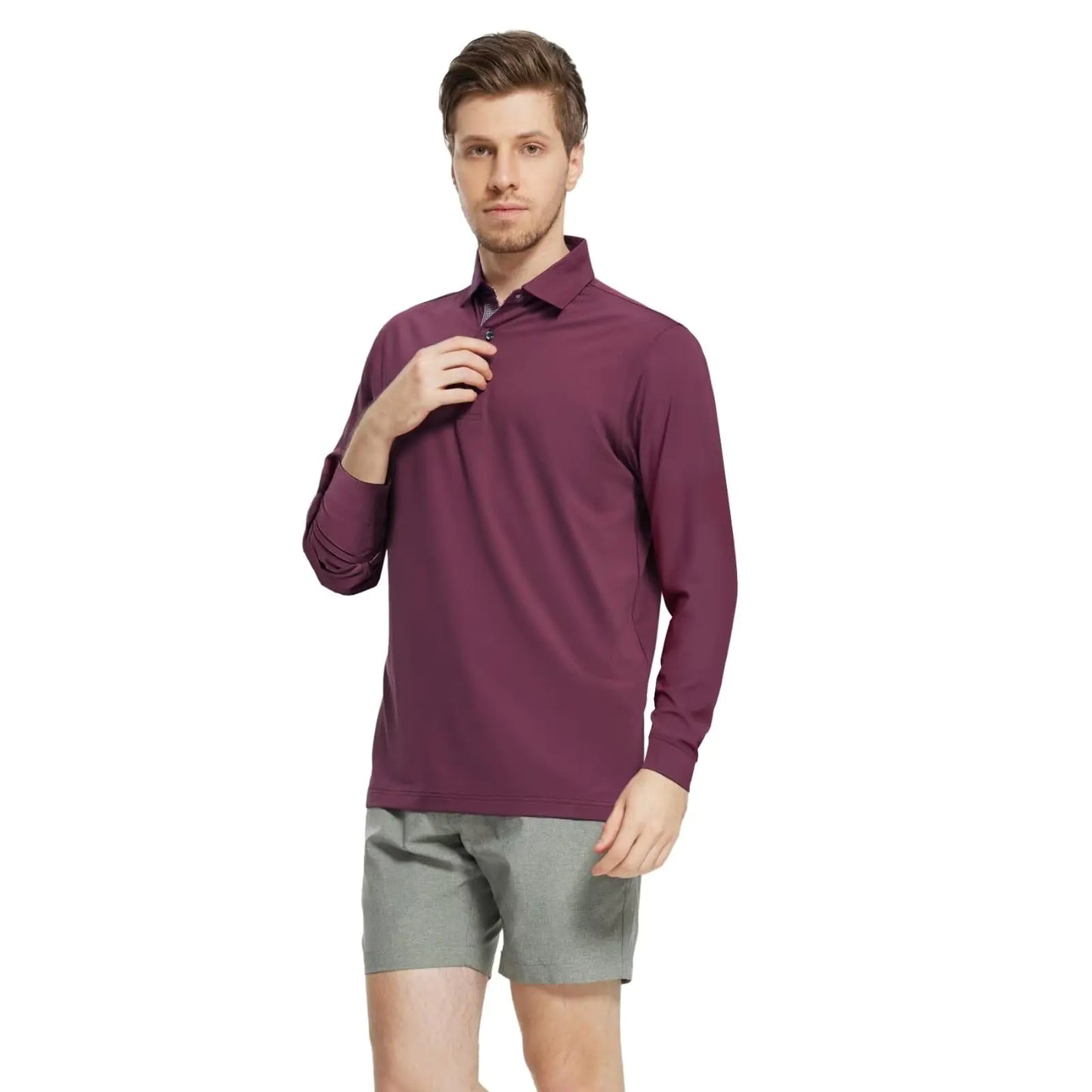 Mens Polo Shirts Short and Long Sleeve Casual Solid Stylish Dry Fit Performance Designed Collared Golf Polo Shirts for Men Medium Bordeaux Red-long