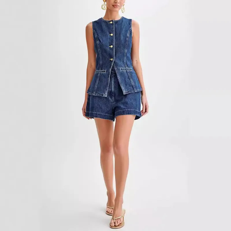 Denim Casual Sleeveless Women's Suit